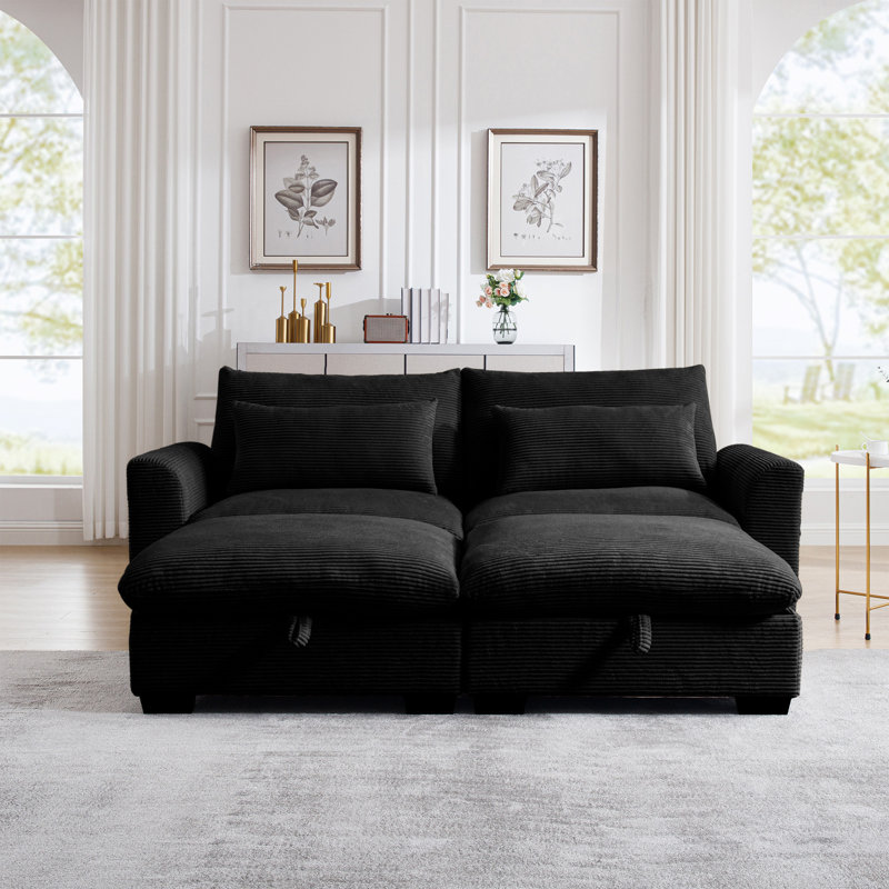 Hokku Designs Corduroy Two seater Sectional Sofa With 2 Storage Footrests Deep Seat Design Comfortable For Living Room Black Upholstery Wayfair